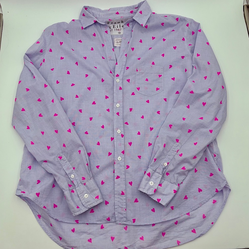Frank & Eileen Eileen Heart Print Cotton Button Up Shirt Purple Pink Medium